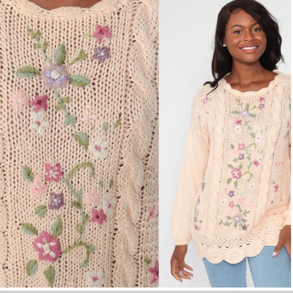 Bobbie‎ Brooks vintage 80’s hand knit floral floral light peach long sweater L